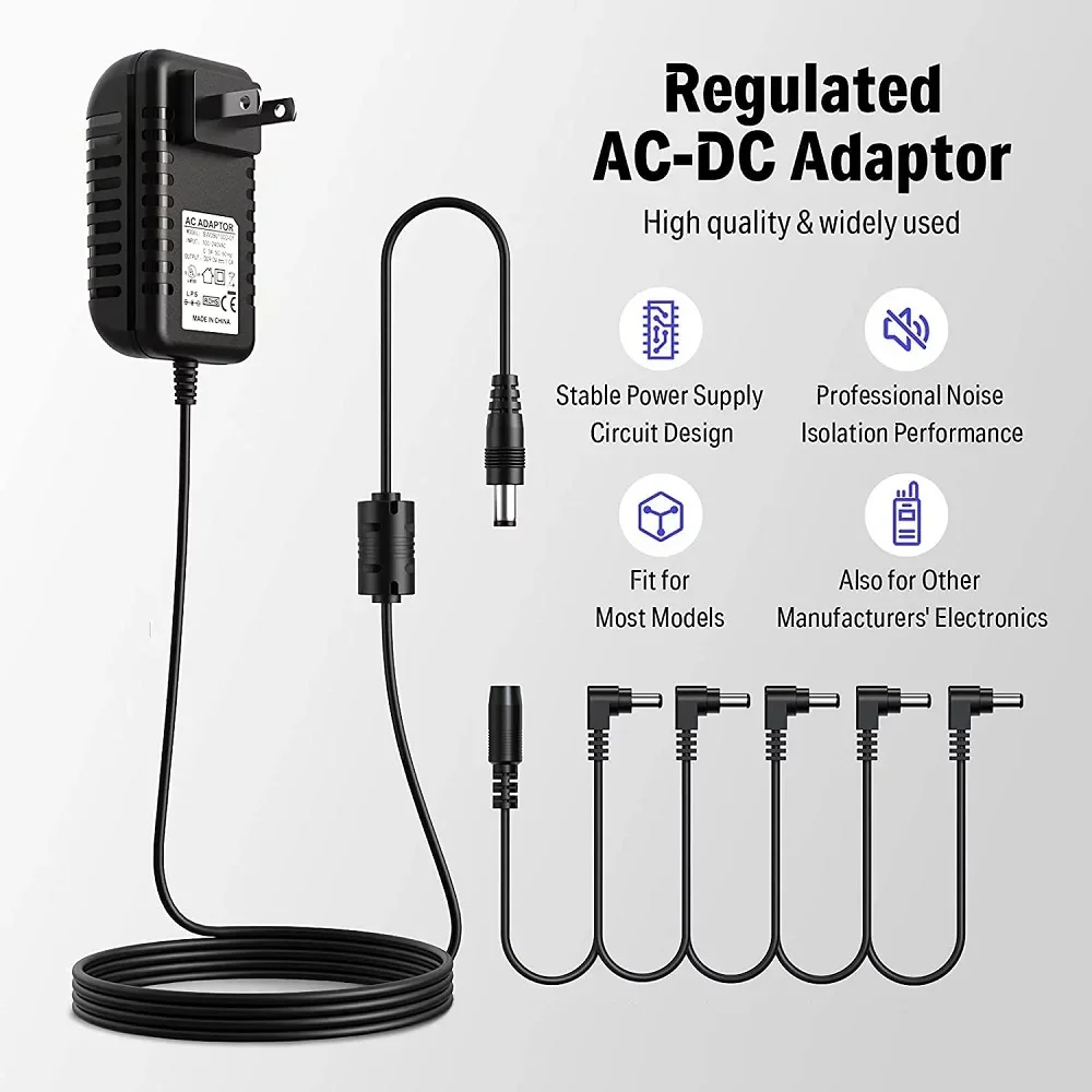 Adaptador de fuente de alimentación para Pedal de guitarra, 9V CC, EE. UU., Reino Unido, UE, punta de enchufe, Cables de cadena de Margarita negativos de 5 vías, compatibles con la mayoría de los pedales de guitarra