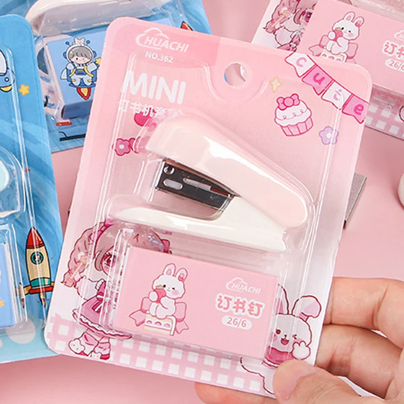 Grapadora de dibujos animados, Mini juego de grapadora, papelería bonita para estudiantes, máquina de encuadernación, grapadora de papel de prueba, regalo escolar, accesorios de oficina