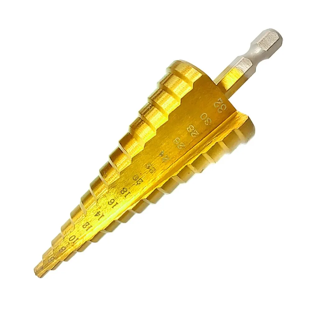 1PC Titanium Plated Hexagonal Straight Groove Step Drill 4-32mm Reaming Pagoda Drill Bit Hole Opening Step Drill Tool