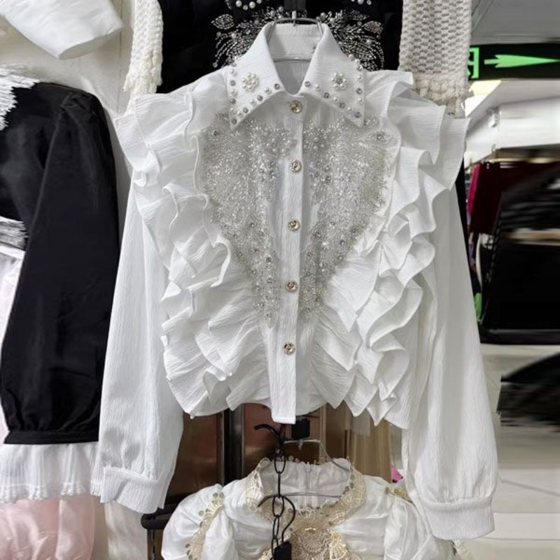 Neploe ヘビービーズスパンコールウィングシャツ女性のための 2024 新しいラペルネック黒ブラウス Y2k 長袖フリル Blusas Mujer