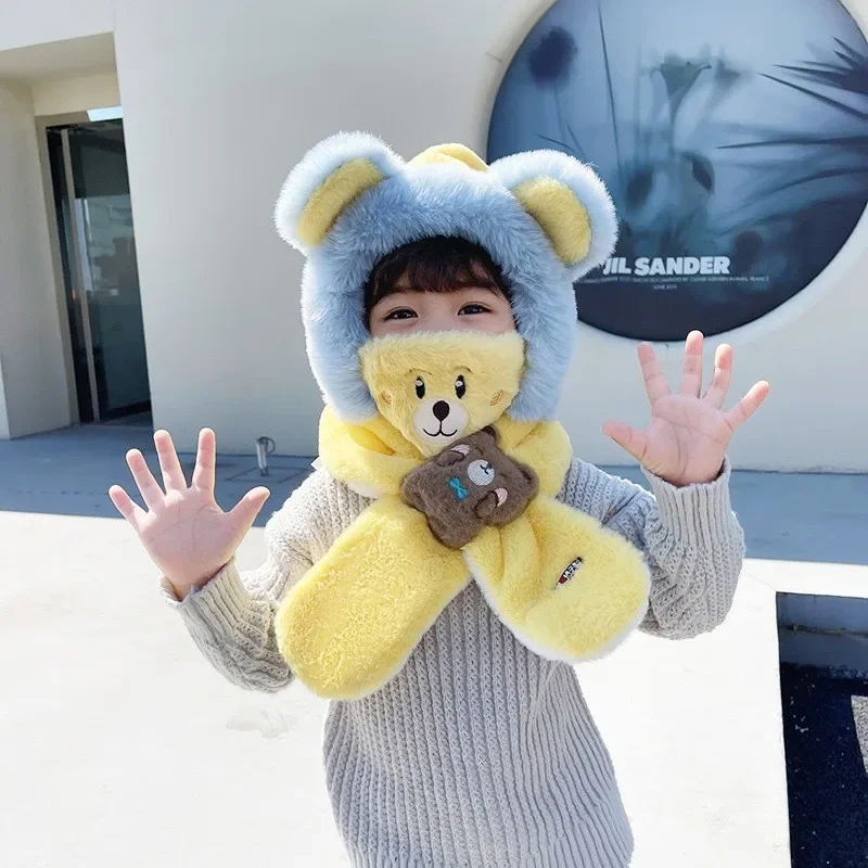 Inverno Bambini Un Pezzo Sciarpa Cappello + Maschera Simpatico Cartone Animato Bambino Protezione per le orecchie Cap 1-6 anni Bambini Peluche Croce Fazzoletto da collo Berretti Caldi