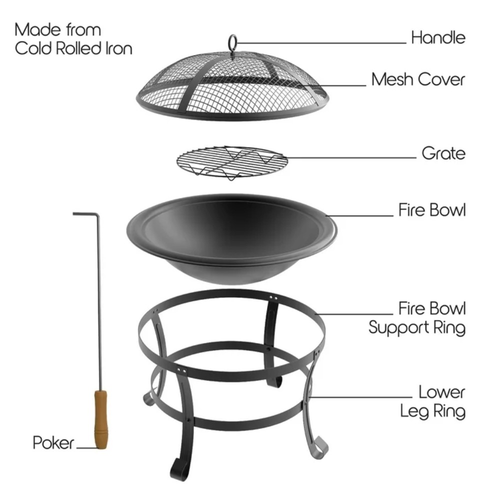 19" Wood-burning Fire Pit with Wire Mesh and Cover for Backyard and Camping