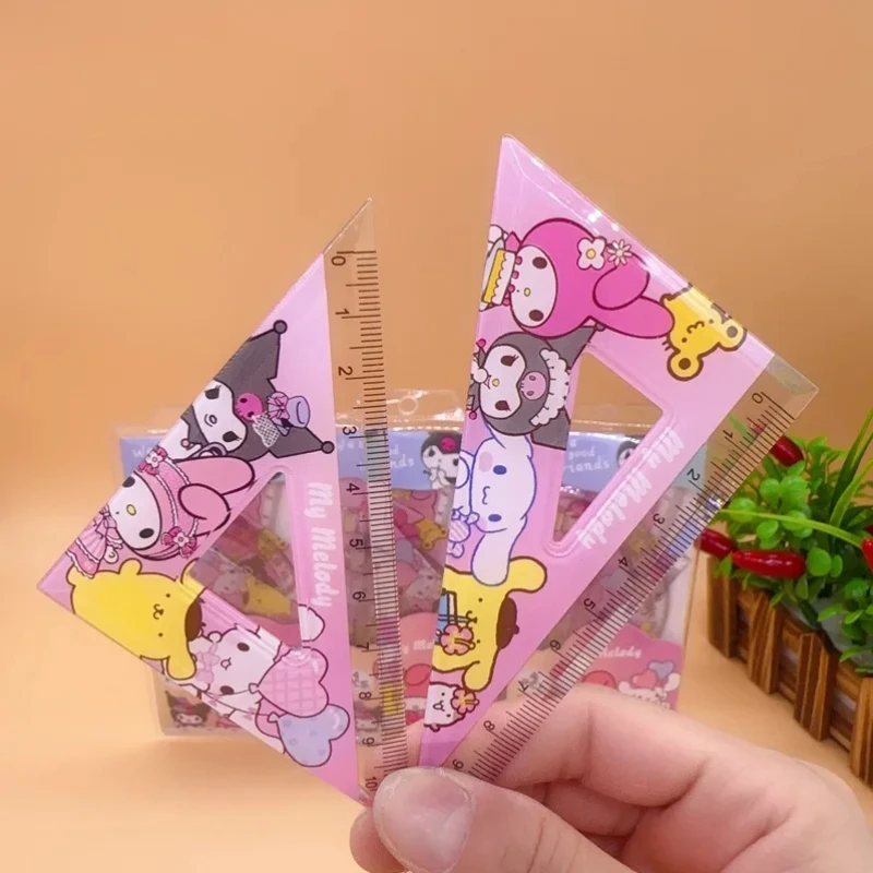 Cartoon  Student Ruler 4 Piece Set Kawaii My Melody Kuromi Triangular Plate Protractor Measuring Ruler Stationery Set Gift