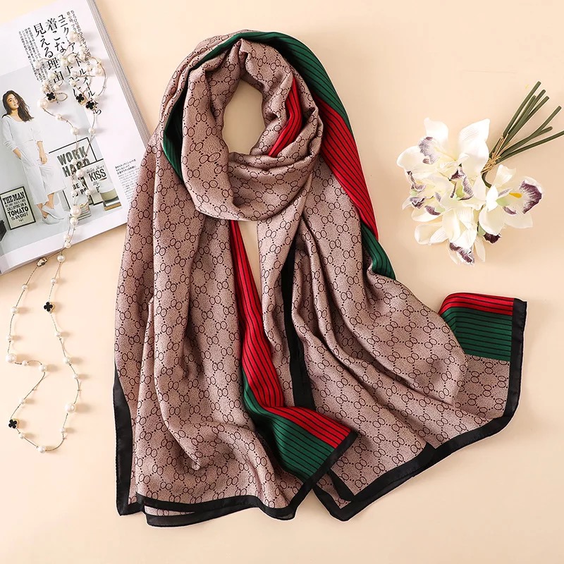Bufanda de seda con estampado de moda para mujer, bufandas cálidas de marca de lujo de 180x90cm, chal con acabado satinado de Lrage Popular, Hijab con diseño de las cuatro estaciones