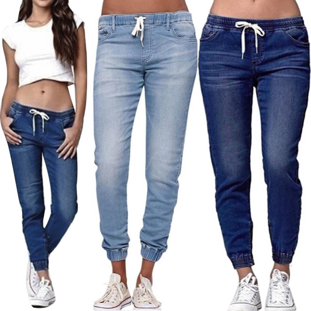 Lose Kordelzug Frauen Jeans Elastische Taille Hosen Denim Plus Größe Casual Lange