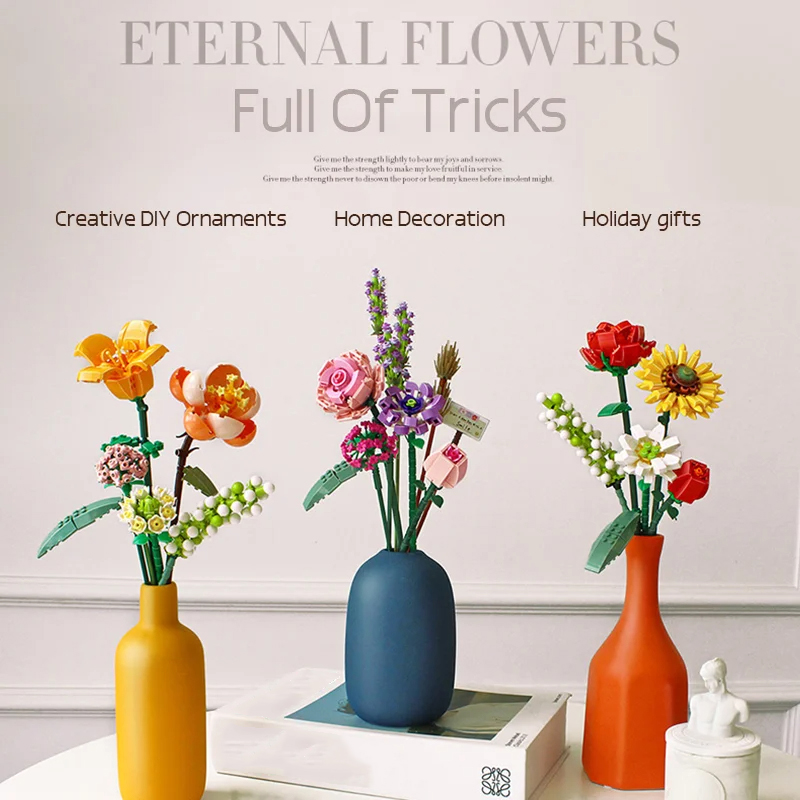 Buquê de flores de rosa romântico, blocos de construção, modelo de girassol, tijolos, decoração criativa de mesa, brinquedos diy para crianças, presentes para meninas