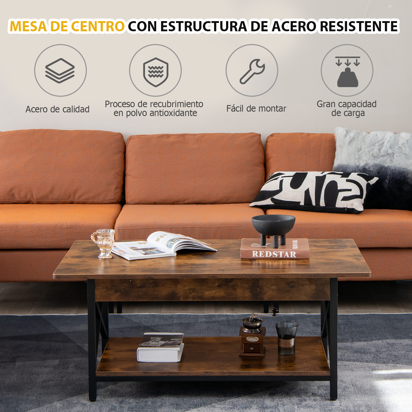 Mesa de Café Industrial de 2 Niveles, Mesa de Centro con Estante de Almacenamiento y Marco de Metal en Forma de X, Mesa Rectangular Auxiliar para Sala de Estar, Marrón Rústico y Negro Café
