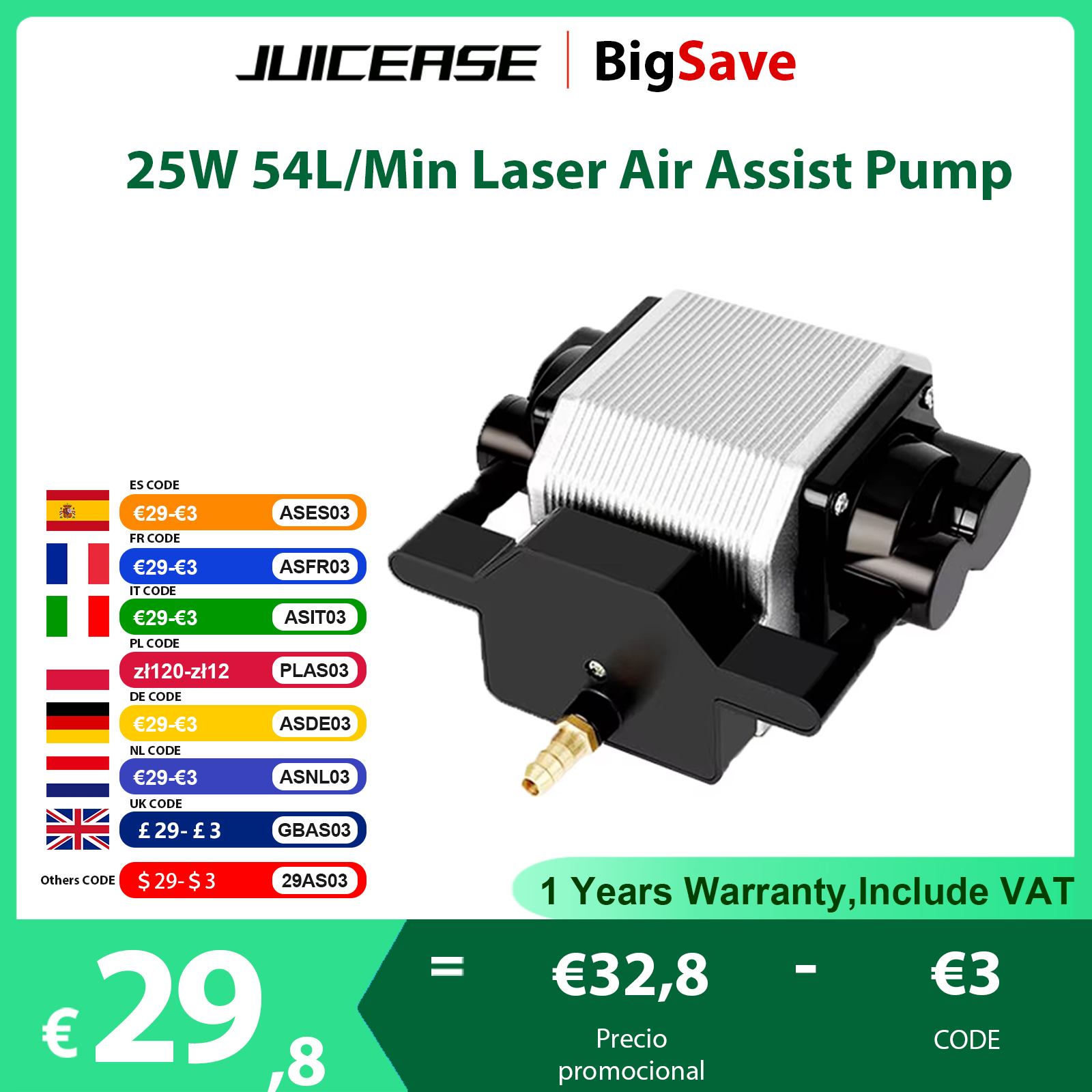 NEJE-compresor de aire de 25W, bomba de asistencia de aire de salida de 54L/Min para máquina de grabado láser CNC, herramientas de corte de madera ajustables de poco ruido