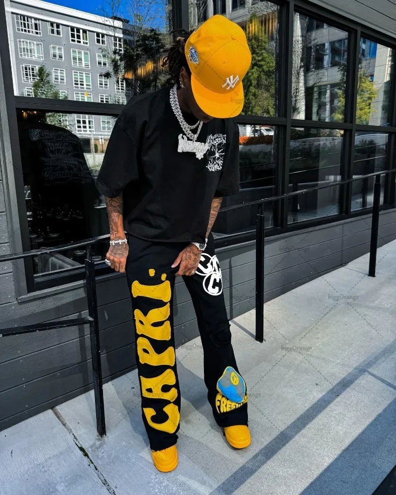 Amerikanische Straße Hip-hop Gestickte Breite bein Hosen Männer High Street Fashion Marke Bodenlangen Hosen Lose Beiläufige Gestrickte hosen