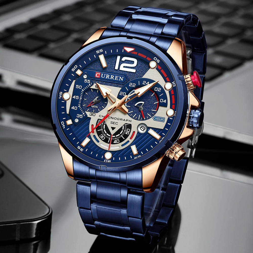 Reloj CURREN informal de negocios con cronógrafo resistente al agua de acero inoxidable para hombre, nuevo reloj de pulsera de cuarzo a la moda de lujo para hombre, reloj de pulsera
