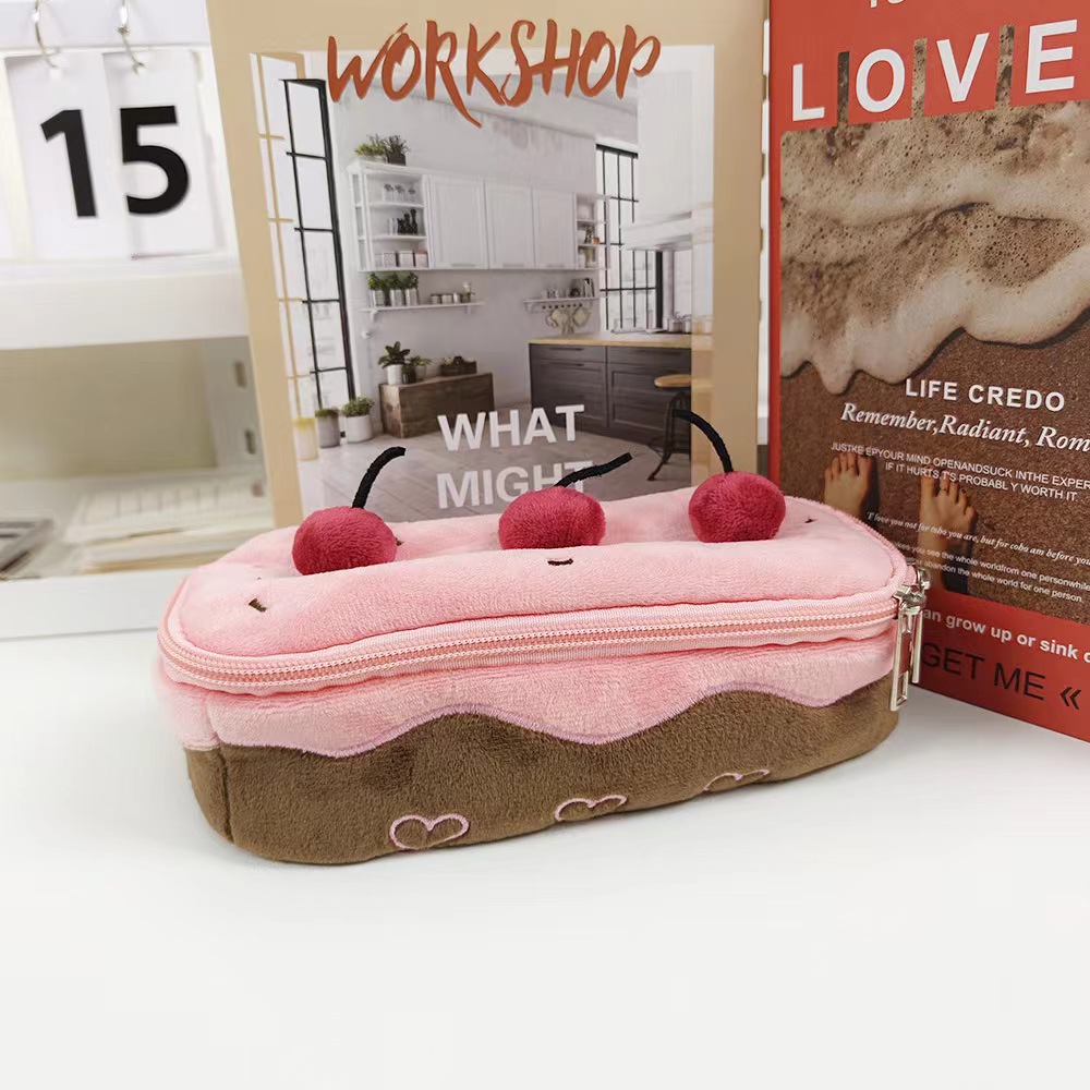 Cute plush cherry cake pencil case high value large capacity cosmetic bag student stationery bag storage bag