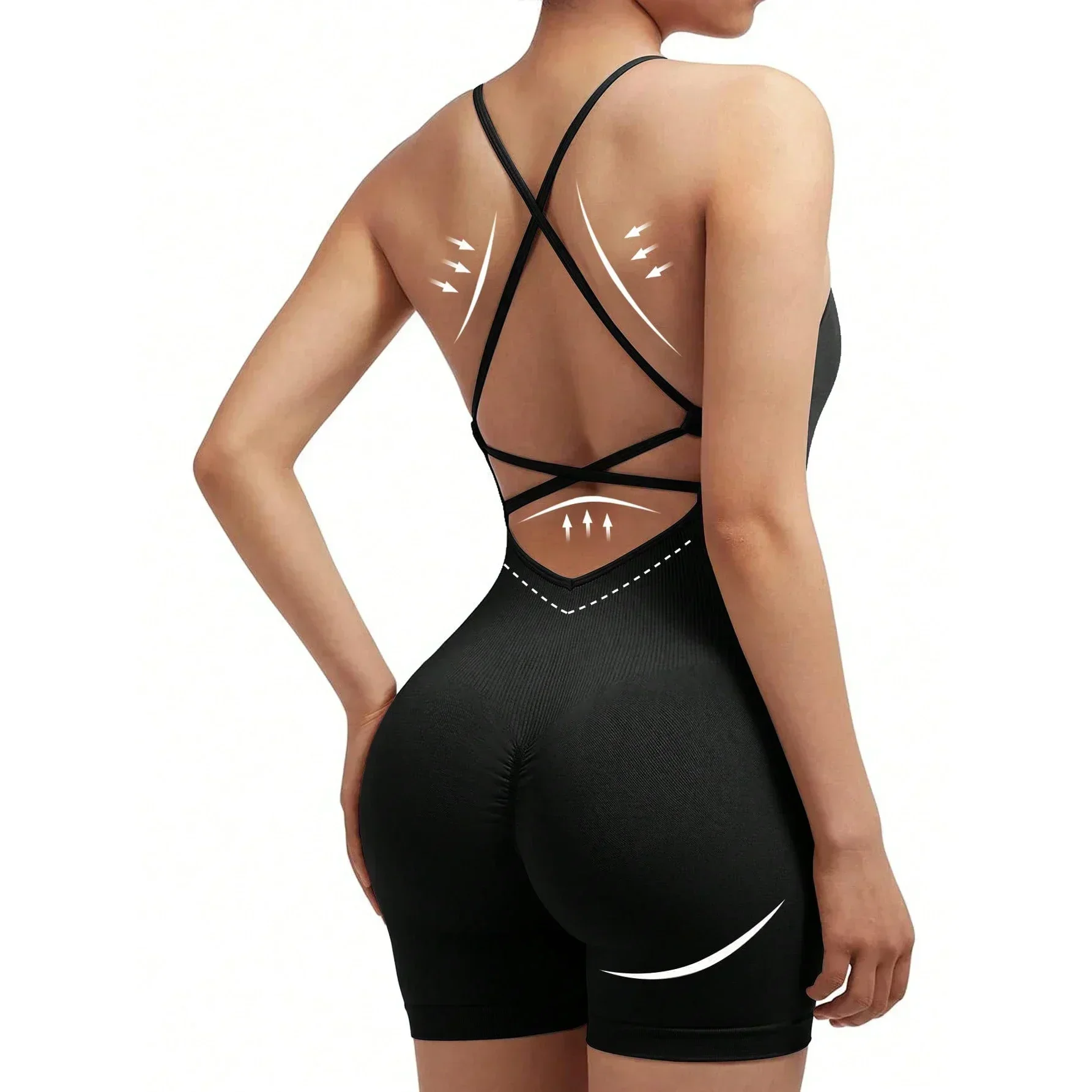 ผู้หญิง Criss Cross Backless Cami กีฬา Romper แขนกุดวิ่งออกกําลังกายโยคะกางเกงขาสั้น Jumpsuits