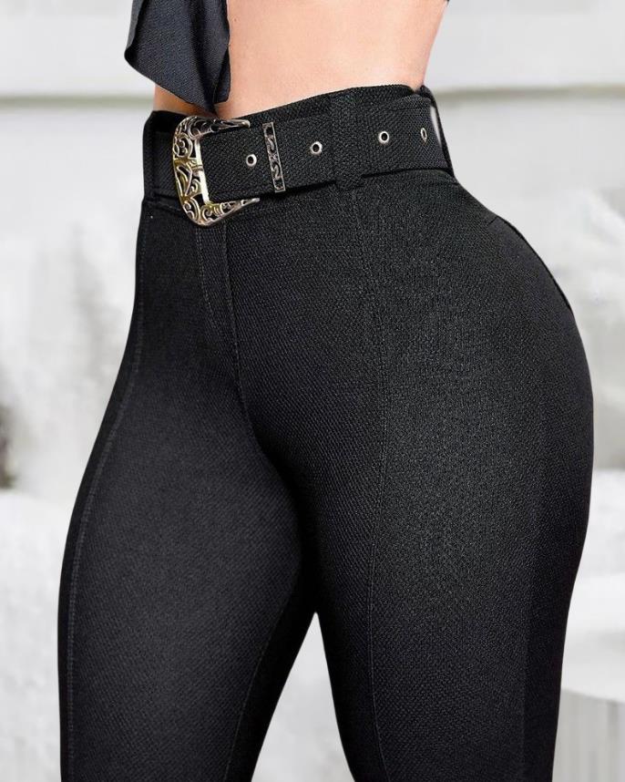 Calças femininas 2023 primavera tendência moda cintura alta bolso design casual simples magro diário calças compridas com cinto