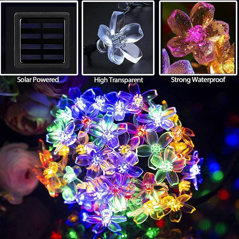 พลังงานแสงอาทิตย์ Fairy String Light SAKURA Garlands 5M พีชดอกไม้ CherryLED โคมไฟสําหรับงานแต่งงานสวนตกแต่งกลางแจ้งไฟ LED
