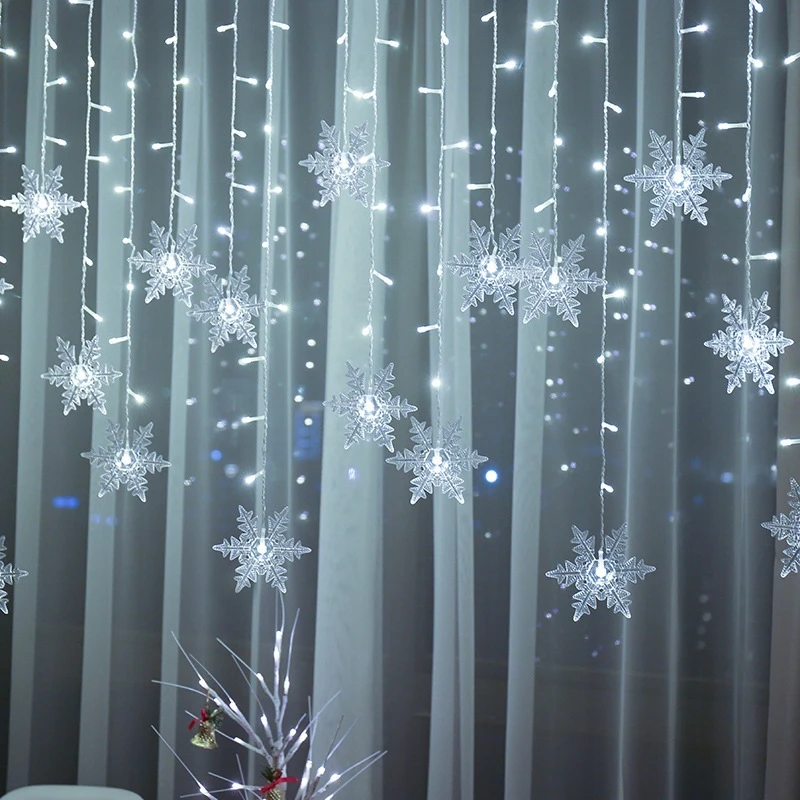คริสต์มาสไฟตกแต่งกลางแจ้งแขวนไฟ LED เกล็ดหิมะ Curtain String Lights ปาร์ตี้ตกแต่งชายคาสวน.