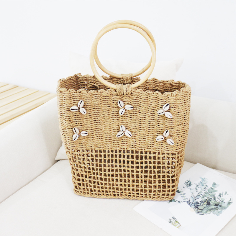 Novo verão oco alça de madeira bolsa feminina concha decoração bolsa de ombro feminina verão palha praia saco grande capacidade tote