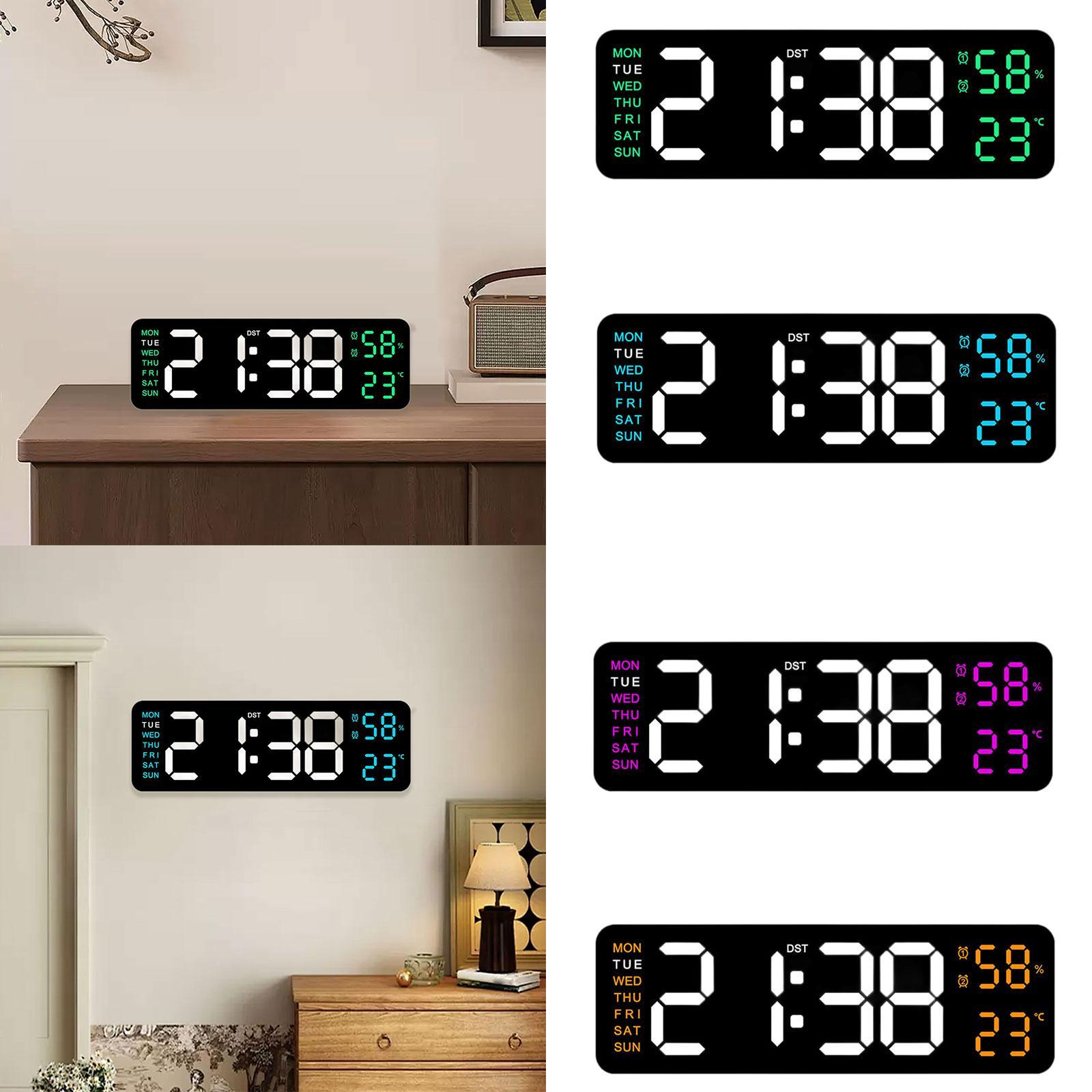 Digital Alarm Clock LED Display Memory Function 12/24H with Temperature Humidity Week Shows Plastic Desk Clock for Wall Hanging