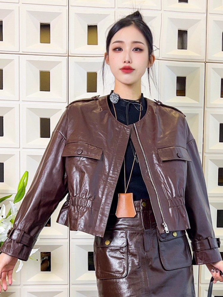 Mode femmes O cou fermeture éclair Vintage huile cire peau de mouton veste automne Style Punk coupe ample taille élastique veste en cuir véritable