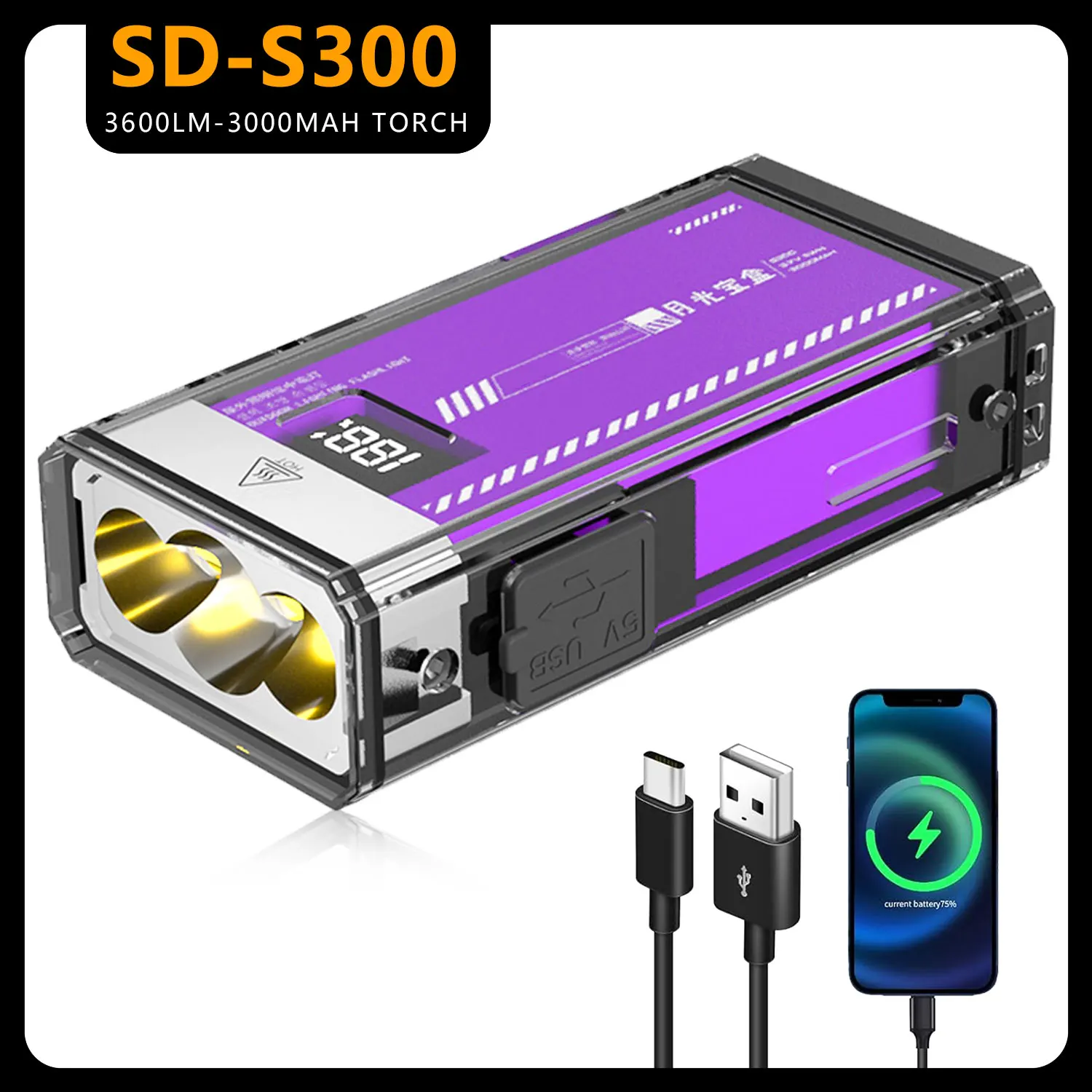 Linterna recargable de 3600LM, linterna LED 4 en 1 (luz UV/roja/cálida/verde), banco de energía de 3000mAh, base magnética para acampar y hacer senderismo