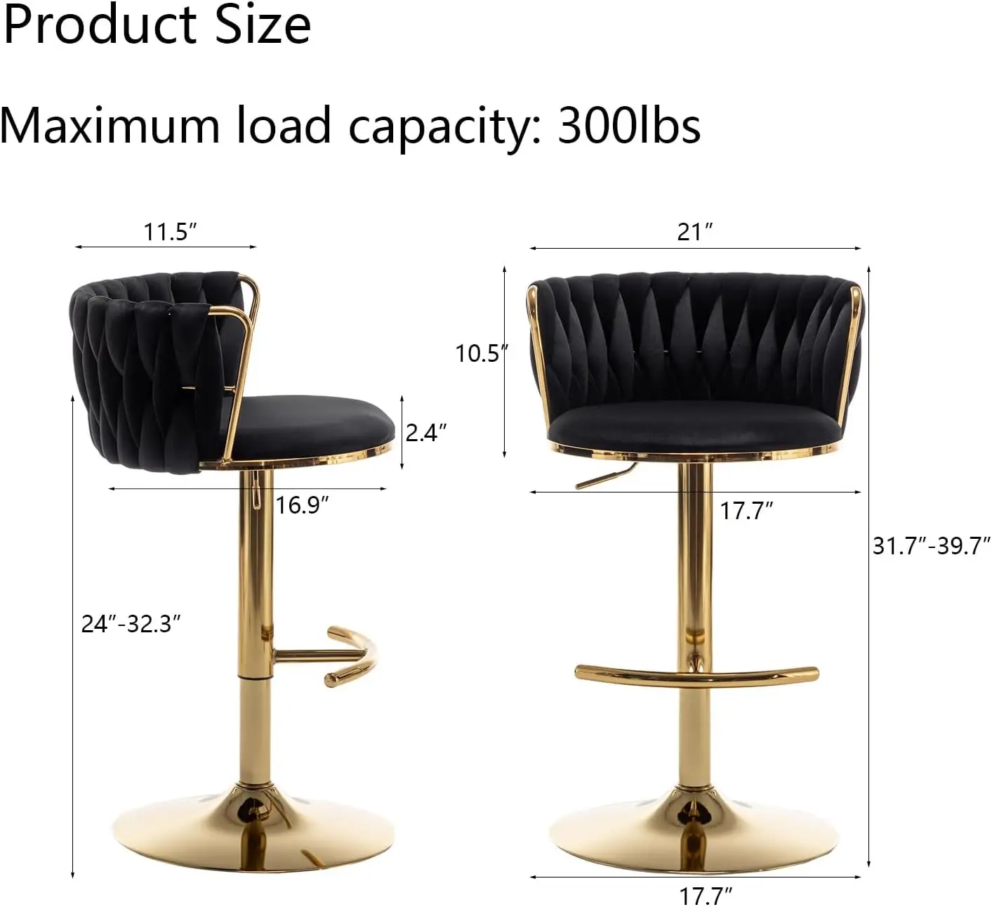 Velvet Bar Stools Set of 2, Counter Height Bar Stools with Low Back, Gold Swivel Bar Stools for Kitchen Island, Bar Pub (Black)