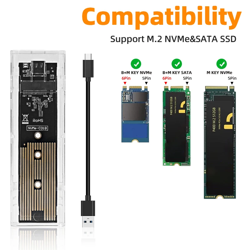 Boîtier de disque dur externe transparent, M.2 NVcloser PCIe NGFF SATA, protocole de touristes, SSD, USB Type C, 10Gbps, PCI-E M2 SSD