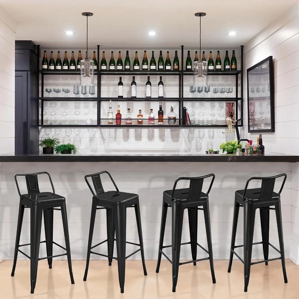 Conjunto de 4 bancos de bar de metal de 30 polegadas, bancos de bar de altura de balcão, cadeira de cozinha, bancos industriais com encosto baixo para uso interno e externo