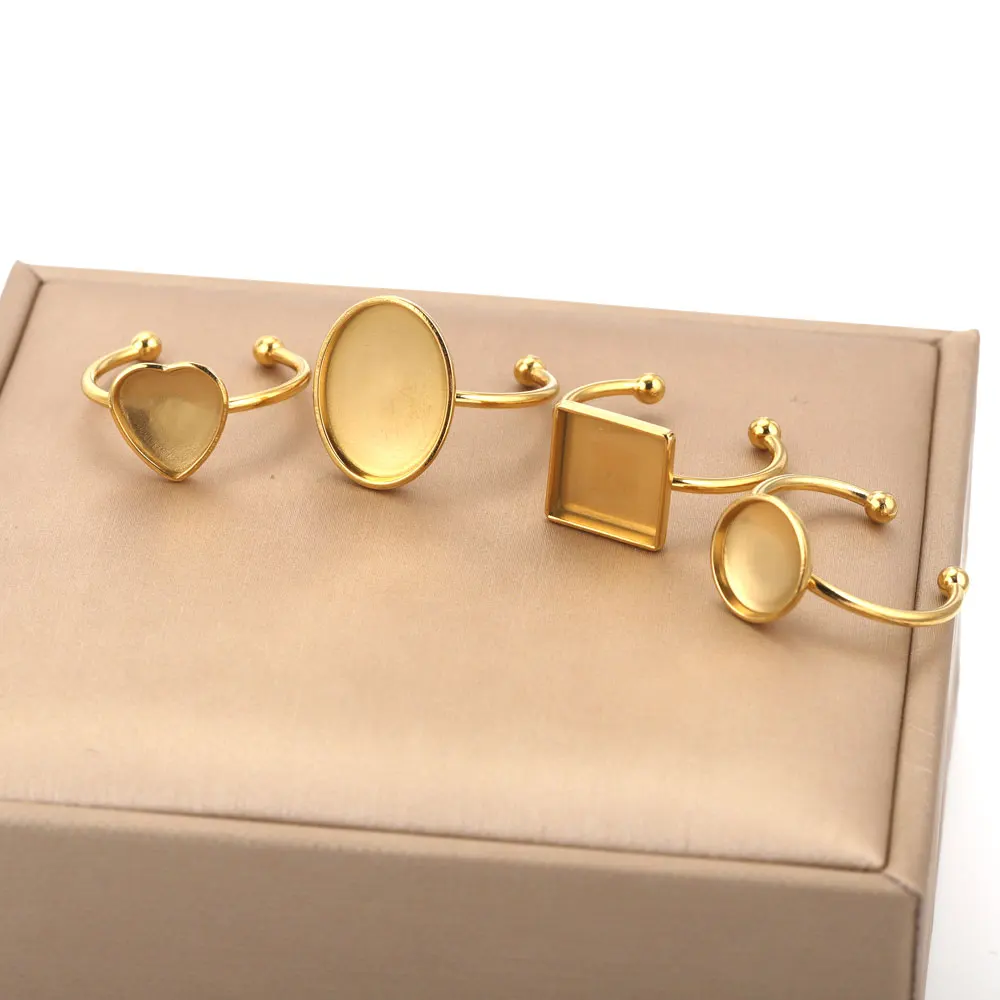 10 Uds. Ajustes de anillo abierto de acero inoxidable ajustables Base en blanco bisel cabujones anillos para fabricación de joyería DIY anillo de dedo en blanco
