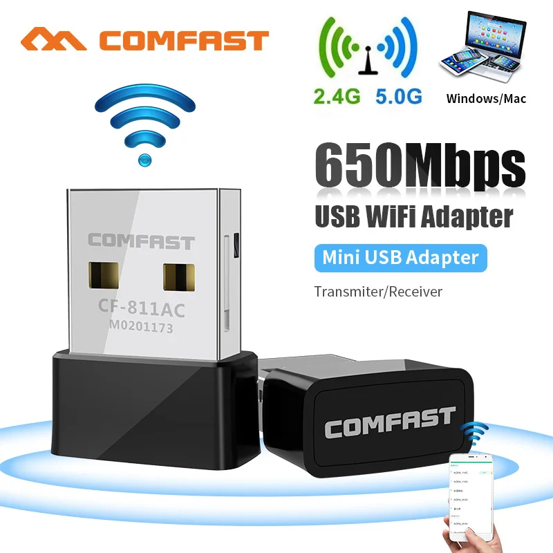 Comfast Free-Drive 650 Мбит/с USB-адаптер Wi-Fi 2,4G и 5G Сетевая карта Беспроводной ключ для ПК Wi-Fi Приемник Ключ для Win 7 8 10 11