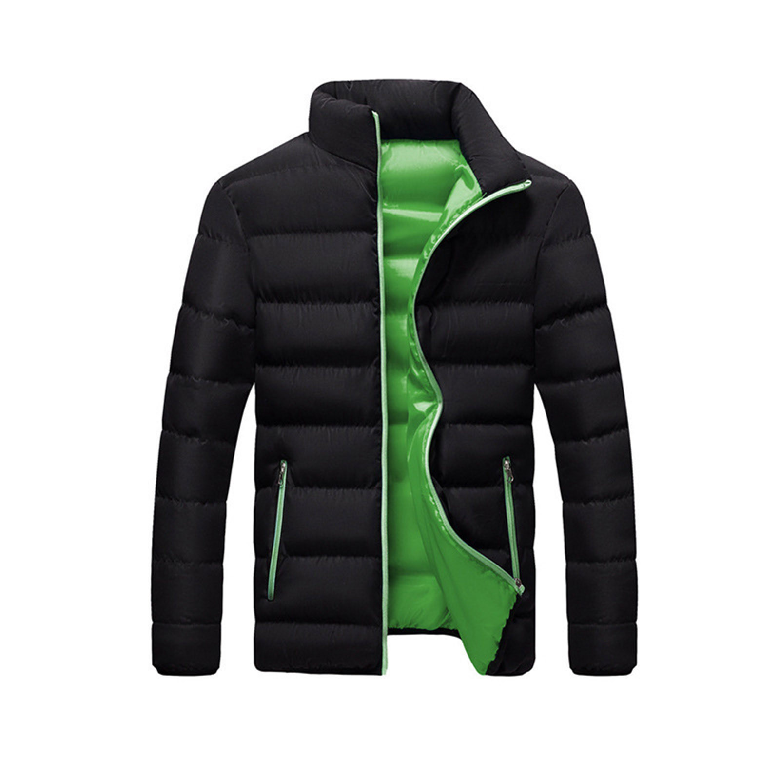 Jaqueta masculina preta quente e leve, jaqueta de inverno com zíper, gola slim fit, roupas acolchoadas de algodão, casacos esportivos casuais