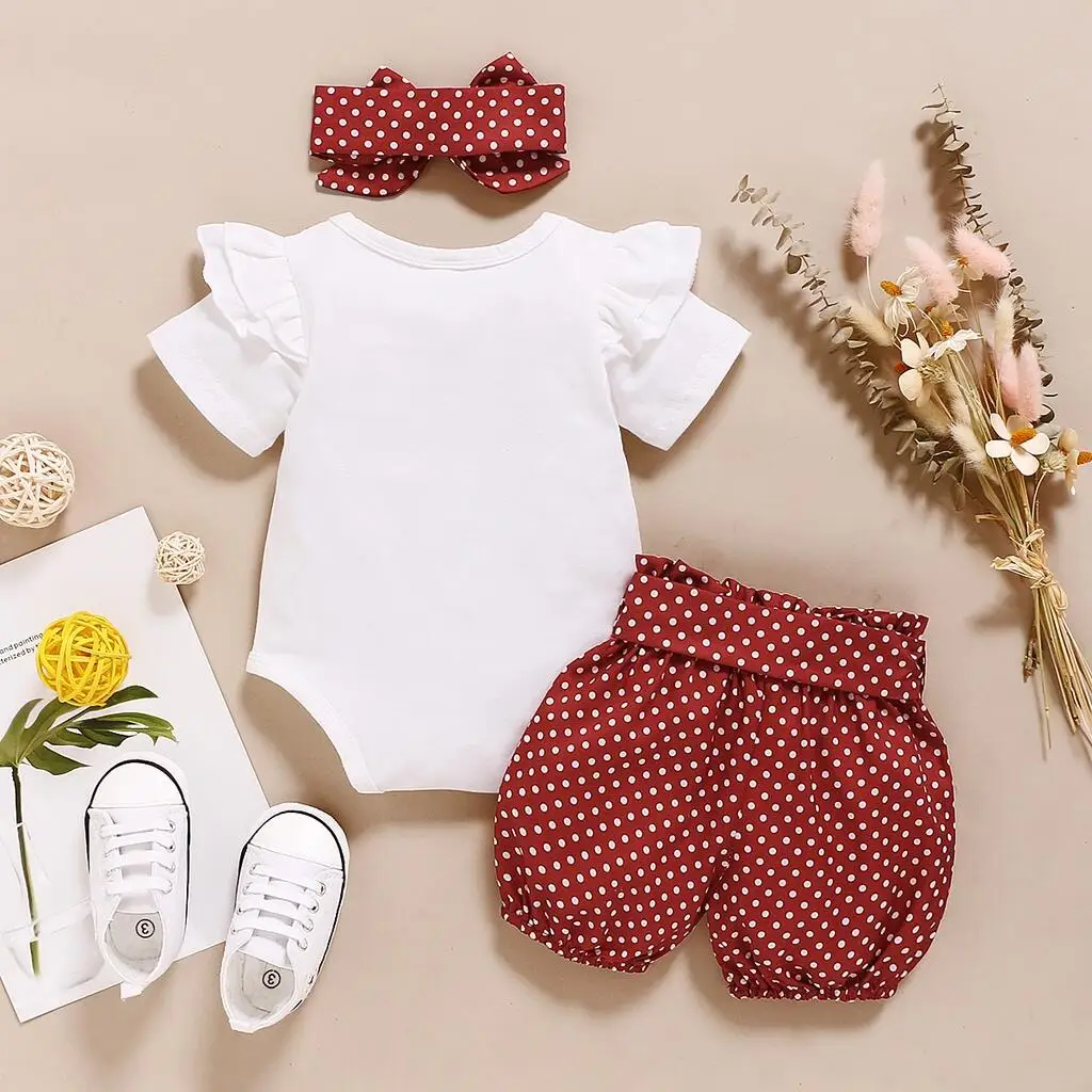 Roupas para bebês recém-nascidos de 0 a 18 meses, macacão com bolinhas e cintura elástica, faixa infantil com nó de laço, 3 peças, conjunto casual fofo