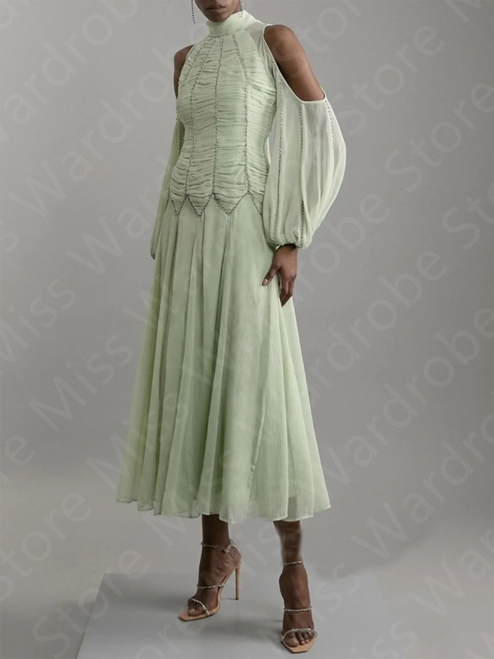 Customized Classic Sage Evening Dresses Mid Calf Length Arabic Prom Party Gowns Off Shoulder Wedding Guest Dresses High Neck