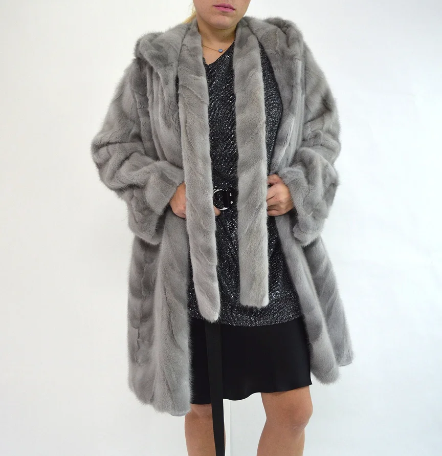 Echter Nerz pelzmantel, warm und modisch im Winter, langer Mantel mit Hut, 100% Nerz, neu, 2024