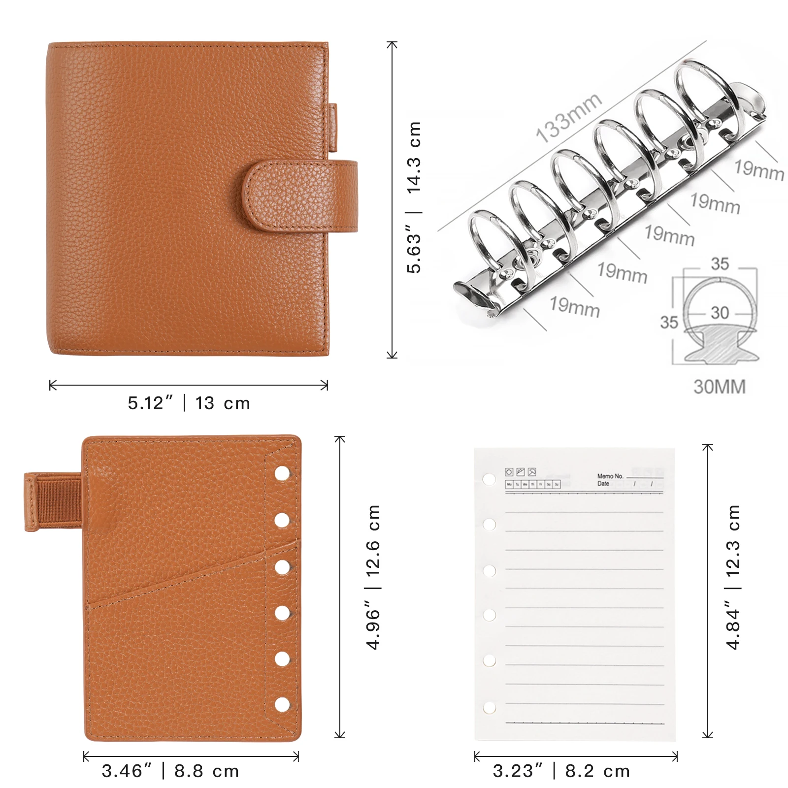 Moterm Luxe 2.0 Series Pocket Size Planner Pebbled Grain Leather A7 Notebook with 30MM Ring Mini Agenda Organizer  Diary Notepad