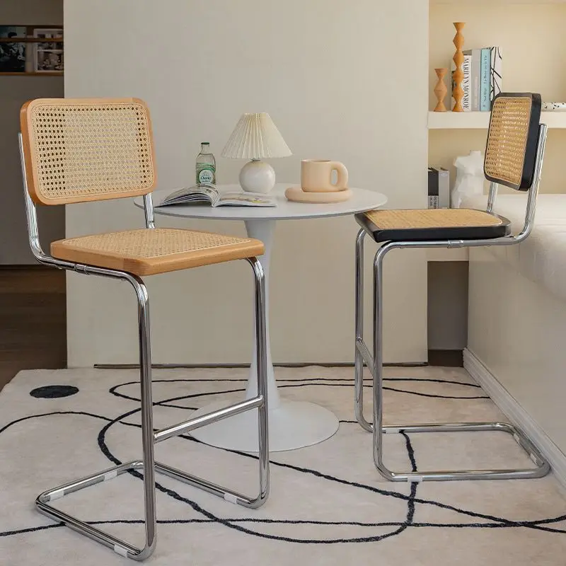 Nordic Solid Wood Rattan Bar Chair Home High Stool Simple Retro Bar Chair Front Desk High Chair Furniture