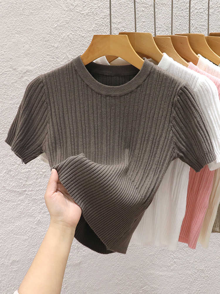 2025 夏の Tシャツ女性のためのカジュアル女性韓国ニットストリート Tシャツ基本固体ヤングクールトップス