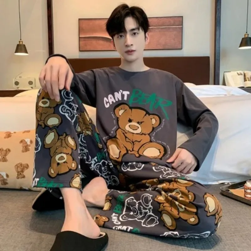 Plus Größe Männer Pyjama Set Langarm Lange Hosen Student Lose Beiläufige Nachtwäsche Loungewear Zwei Stück Set Cartoon Nachtwäsche