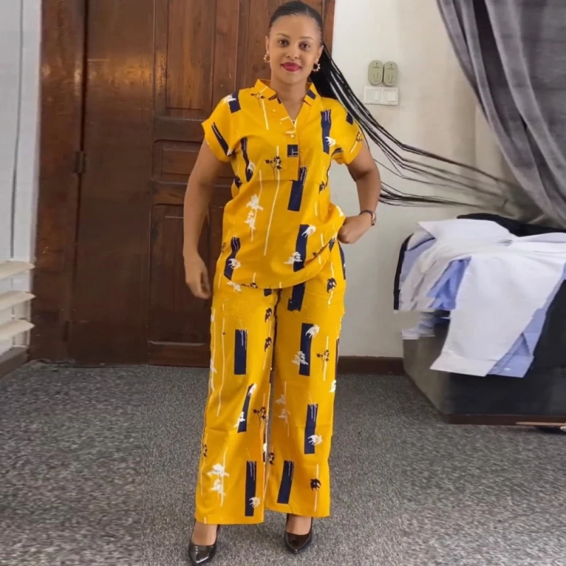 Afrikanische Mode Hosen Set Frauen Bluse Gerade Hosen Zwei Stück Set Frau Hemd Trainingsanzug Set Sommer Top Passenden Sets