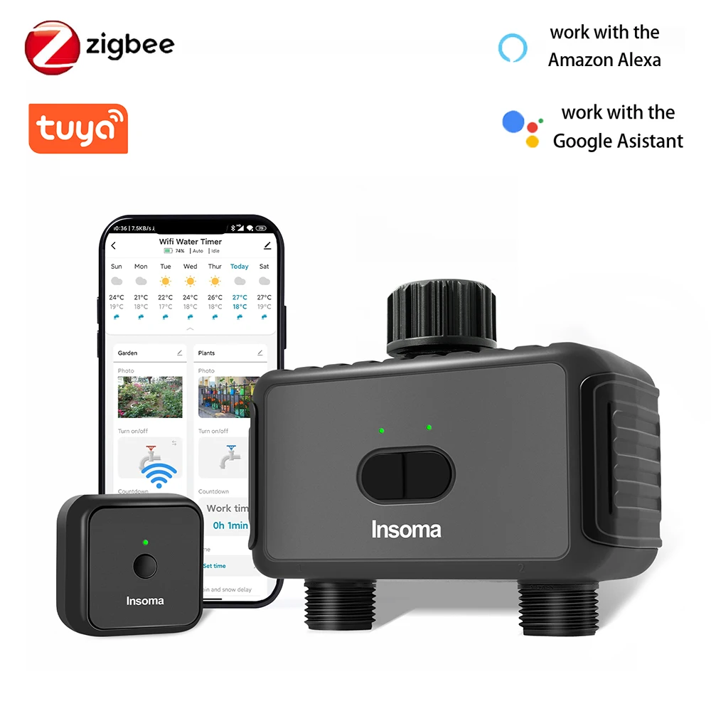 게이트웨이 듀얼 호스가있는 Zigbee/Wifi 자동 워터 타이머 정원 관개 급수 시스템 스프링클러 프로그래머 지원 Alexa