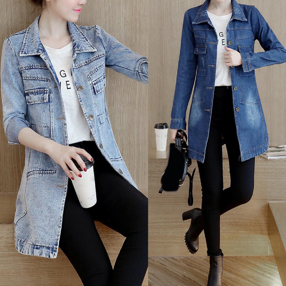 Modische einreihige lange Jeansjacke, schrumpffeste Damenjacke, unregelmäßiger Saum, lange Damenjacke für den Urlaub