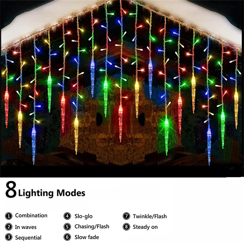 Cortina de luces LED de carámbano, guirnalda de Navidad, cascada, decoración de jardín al aire libre, luz de hadas para aleros de calle, Patio, 5-36M