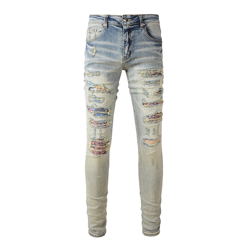 Herren Cracked Patch Biker Jeans Streetwear Patchwork Skinny Tapered Pants Vintage Stretch Denim Ripped Distressed Hose