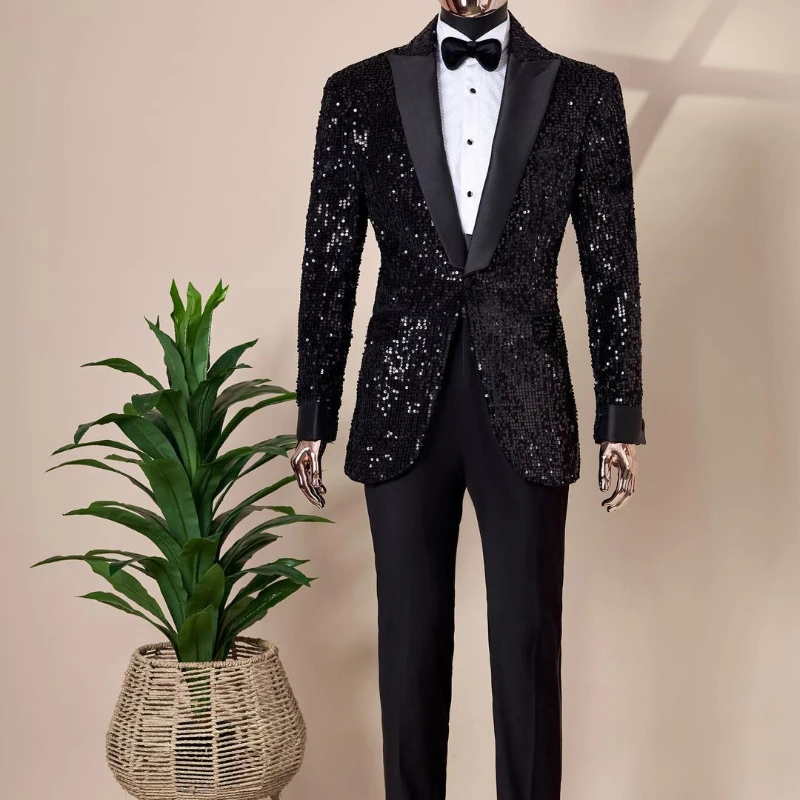 Shining Sequins Men Suits Tuxedo Slim Fit Notched Lapel One Button Blazer with Pants 2-Pcs Tailored Groom Wedding Party Jacket