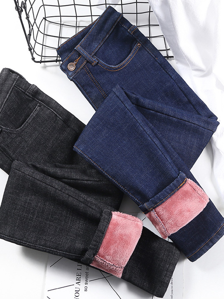 Vaqueros gruesos y cálidos para mujer, pantalones pitillo ajustados elásticos, pantalones vaqueros ajustados informales de cintura alta para mujer, ropa de invierno, moda