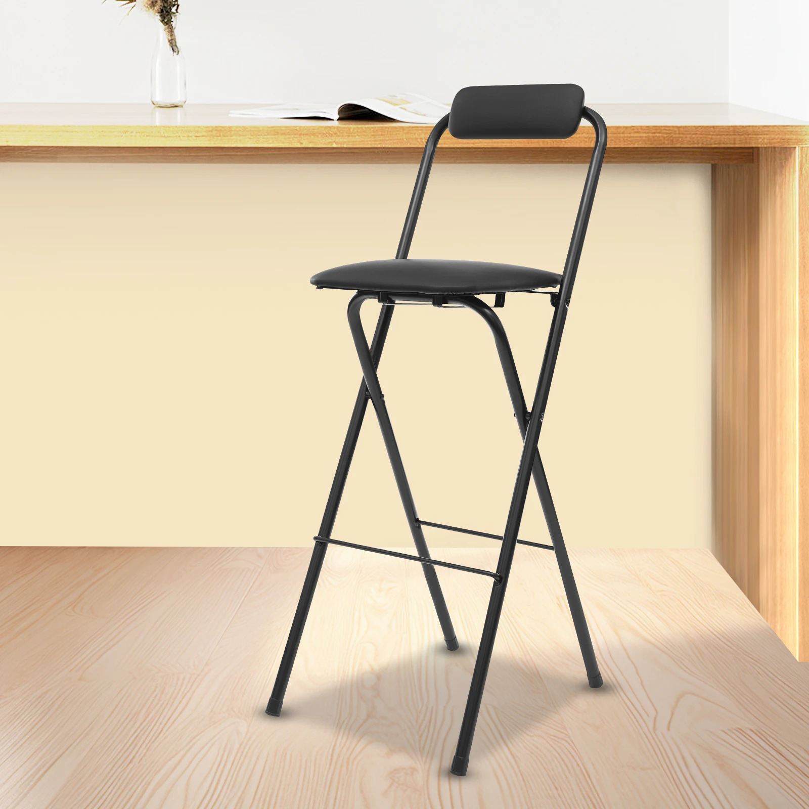 Black Portable Foldable Bar Chair Tall Folding Stool with Sponge Seat Backrest  275lbs Load Bearing for Home Bar Cafe Office