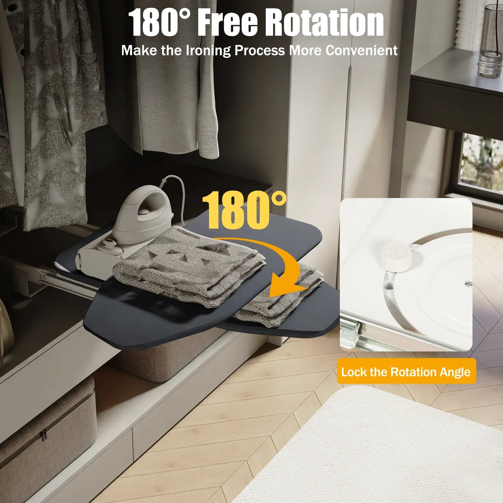 Gray Folding Ironing Board 180° Rotation Retractable Closet Pull & Push for Cabinet Easy To Install