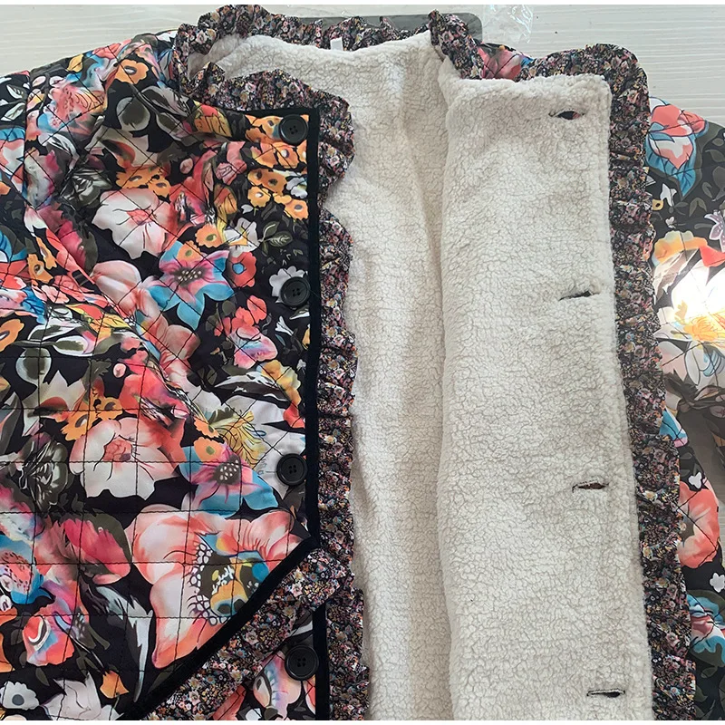 Jaqueta de manga comprida acolchoada feminina, casaco de algodão estampado floral, velo vintage, grosso, quente, outono, inverno, roupas femininas