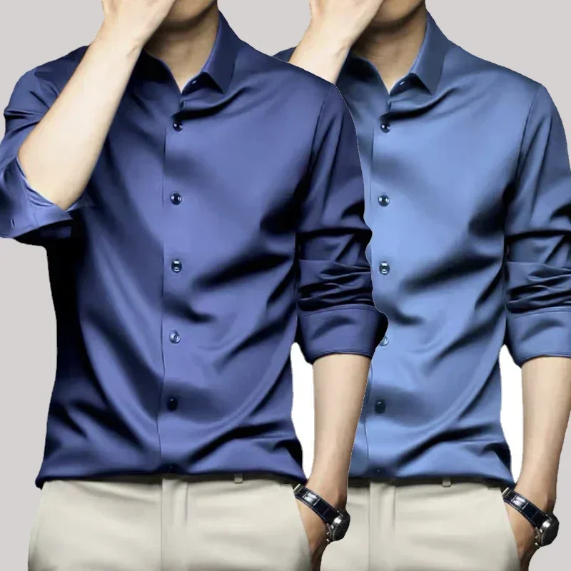 Camicia a maniche lunghe da uomo S-6XL camicia bianca pura resistente alle rughe di lusso abito da lavoro camicia lucida in seta di ghiaccio Casual