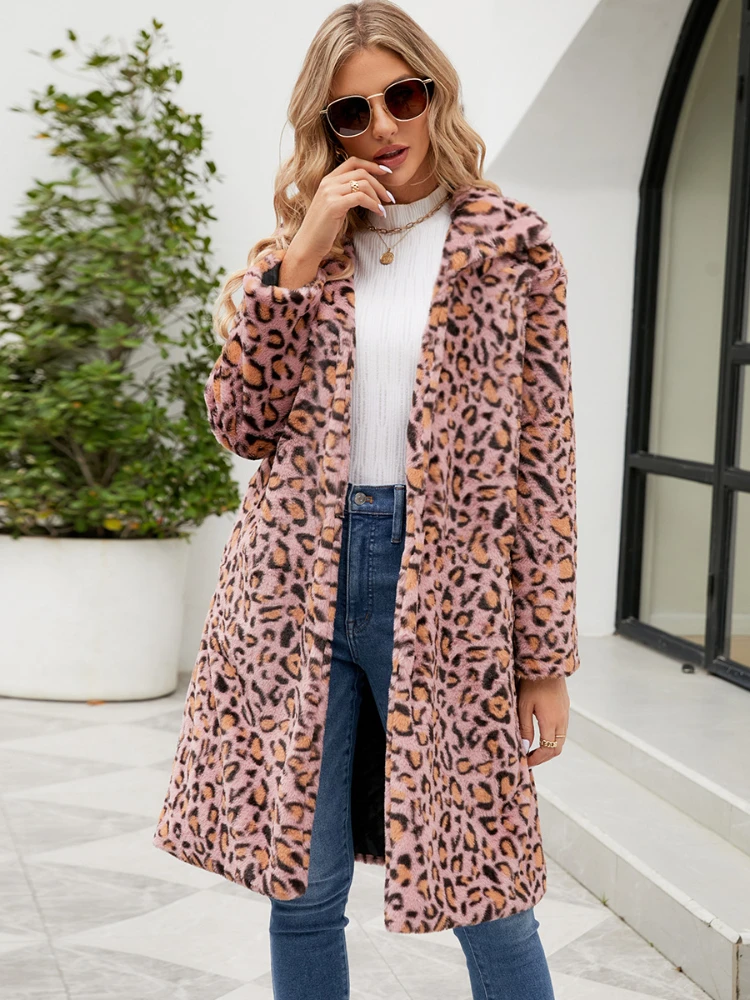 Winter Frauen warme Faux Fox Pelz langen Mantel Leopard Freizeit lange Jacke Wind jacke Frauen dicke flauschige Luxus Bontjas Oberbekleidung