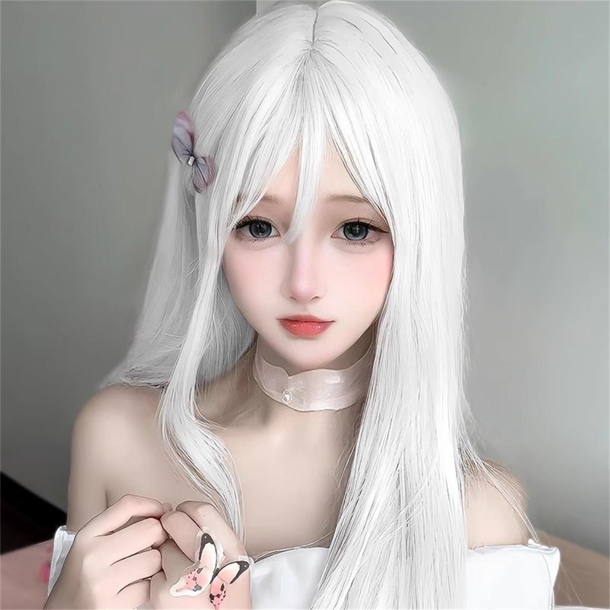 Witte Vinger Synthetisch Lang Recht Haar Pruik Dagelijks Lolita Lang Haar Pruik Anime Universele COS Pruik