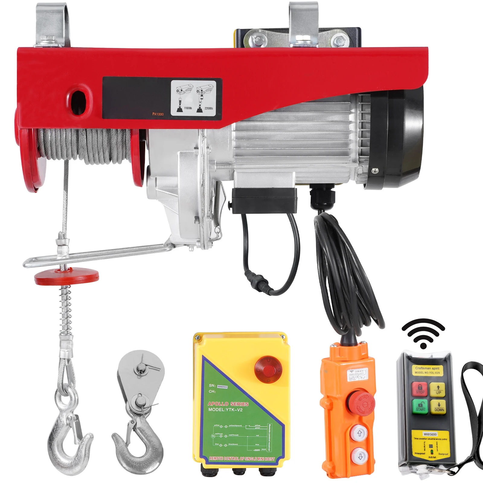 SucceBuy 2200 lbs Electric Hoist Single/Double Slings Lift Crane Hoist with Wireless/Wired Control Electric Winch for Garage